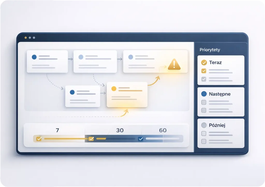 Mapa priorytetow projektu z podzialem na teraz, nastepne i pozniej