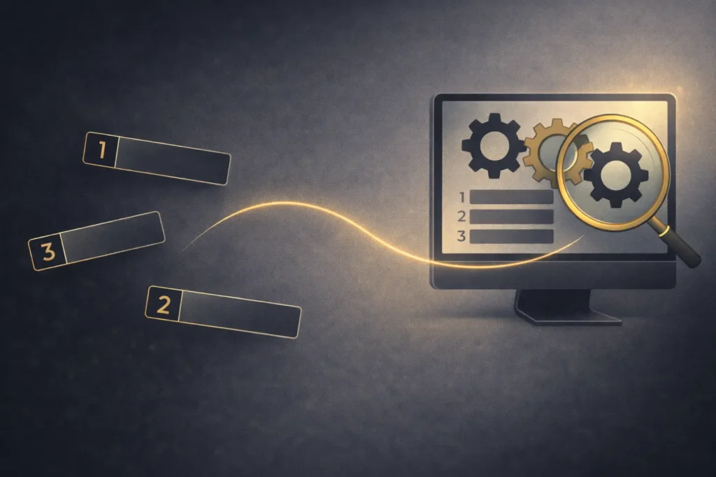 Schemat audytu procesów biznesowych i przejścia od rozproszonych problemów do uporządkowanych wniosków